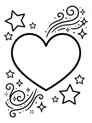 A large heart outlined with a bold border is surrounded by an array of various sized stars and dynamic sparkling magic lines, ready for coloring.