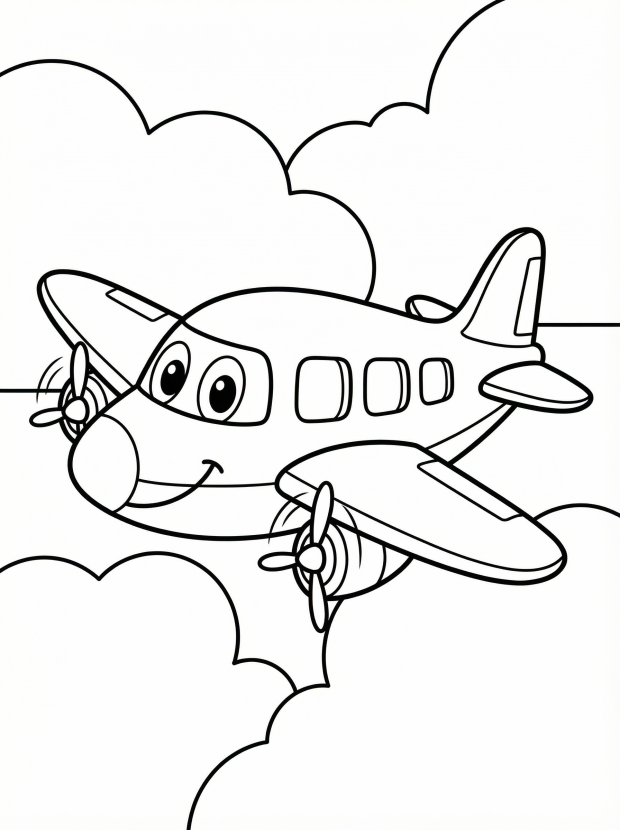 Free printable coloring page showing a smiling airplane flying through clouds, perfect for kids to practice coloring and imagination