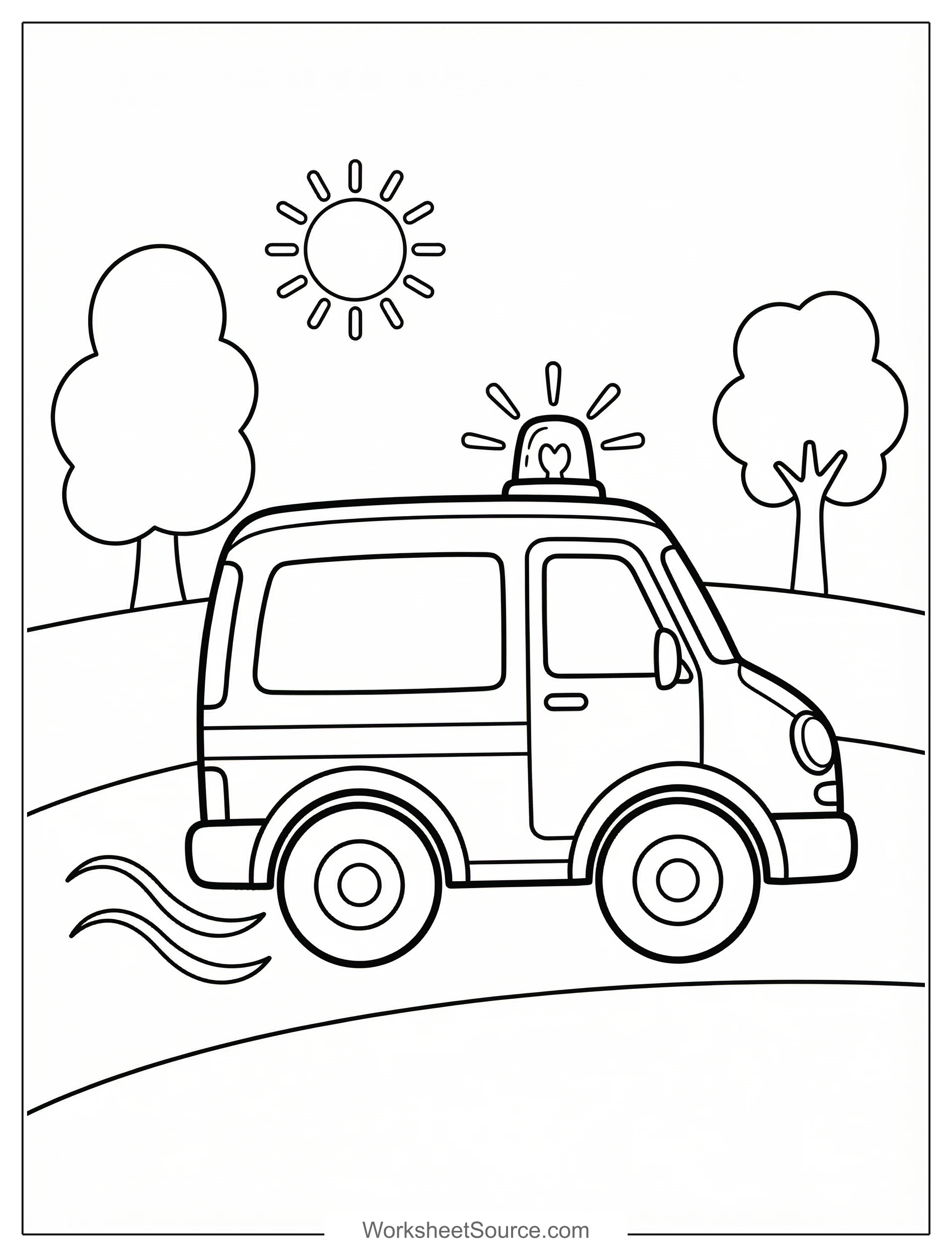 Free printable coloring page showing an ambulance rushing to help, perfect for kids to practice coloring and learn about emergency vehicles