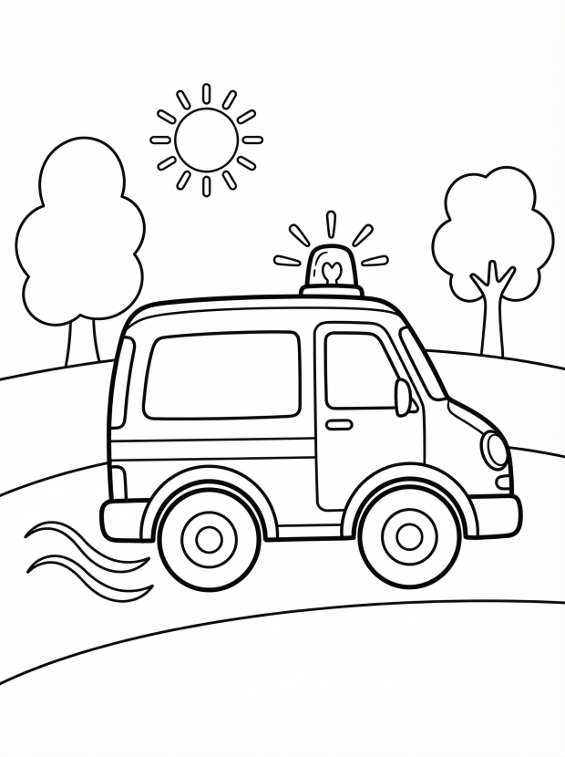 Free printable coloring page showing an ambulance rushing to help, perfect for kids to practice coloring and learn about emergency vehicles