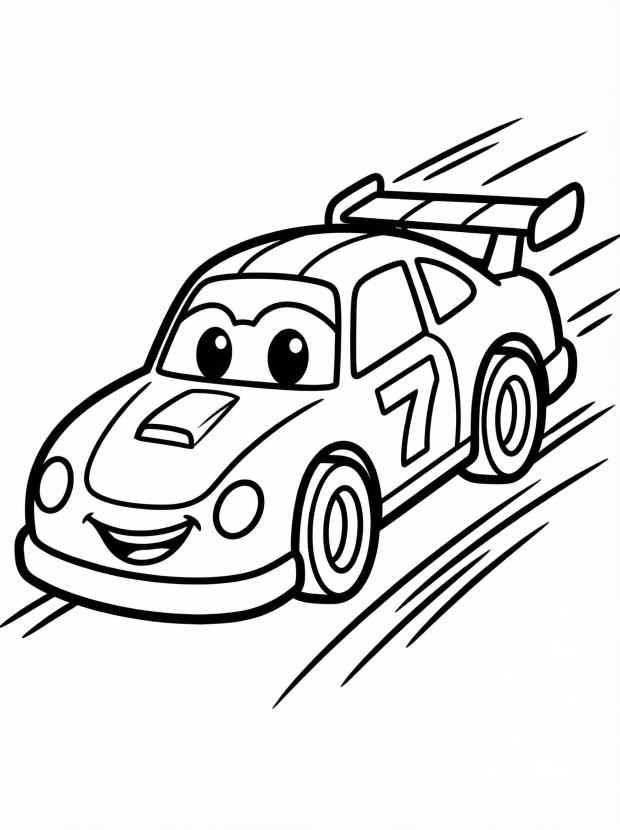 Free printable coloring page showing a smiling race car on the track, perfect for kids to practice color recognition and fine motor skills
