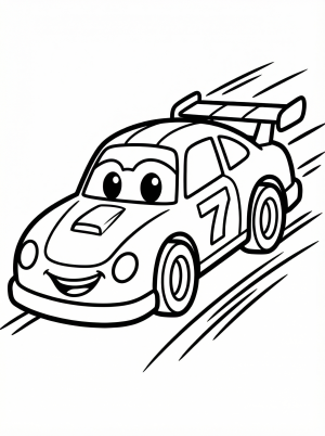 Free printable coloring page showing a smiling race car on the track, perfect for kids to practice color recognition and fine motor skills