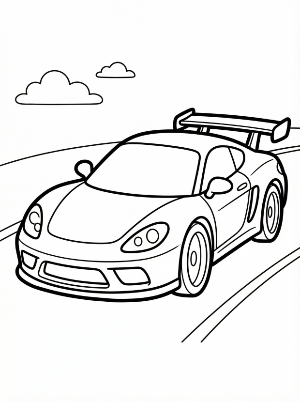 Free printable coloring page showing a sleek sports car with spoiler on a road, perfect for kids to practice coloring and creativity