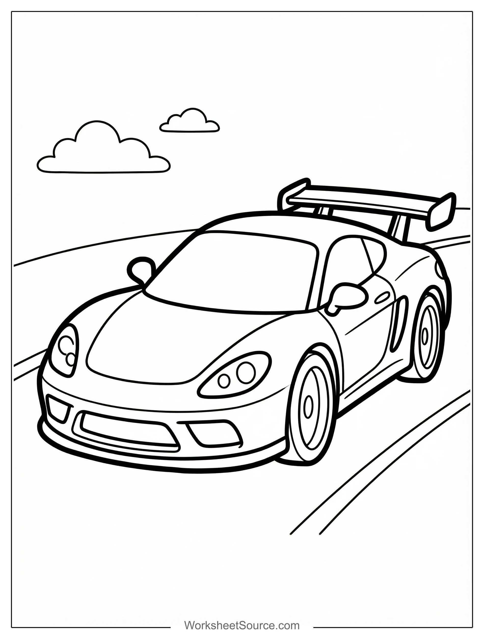 Free printable coloring page showing a sleek sports car with spoiler on a road, perfect for kids to practice coloring and creativity