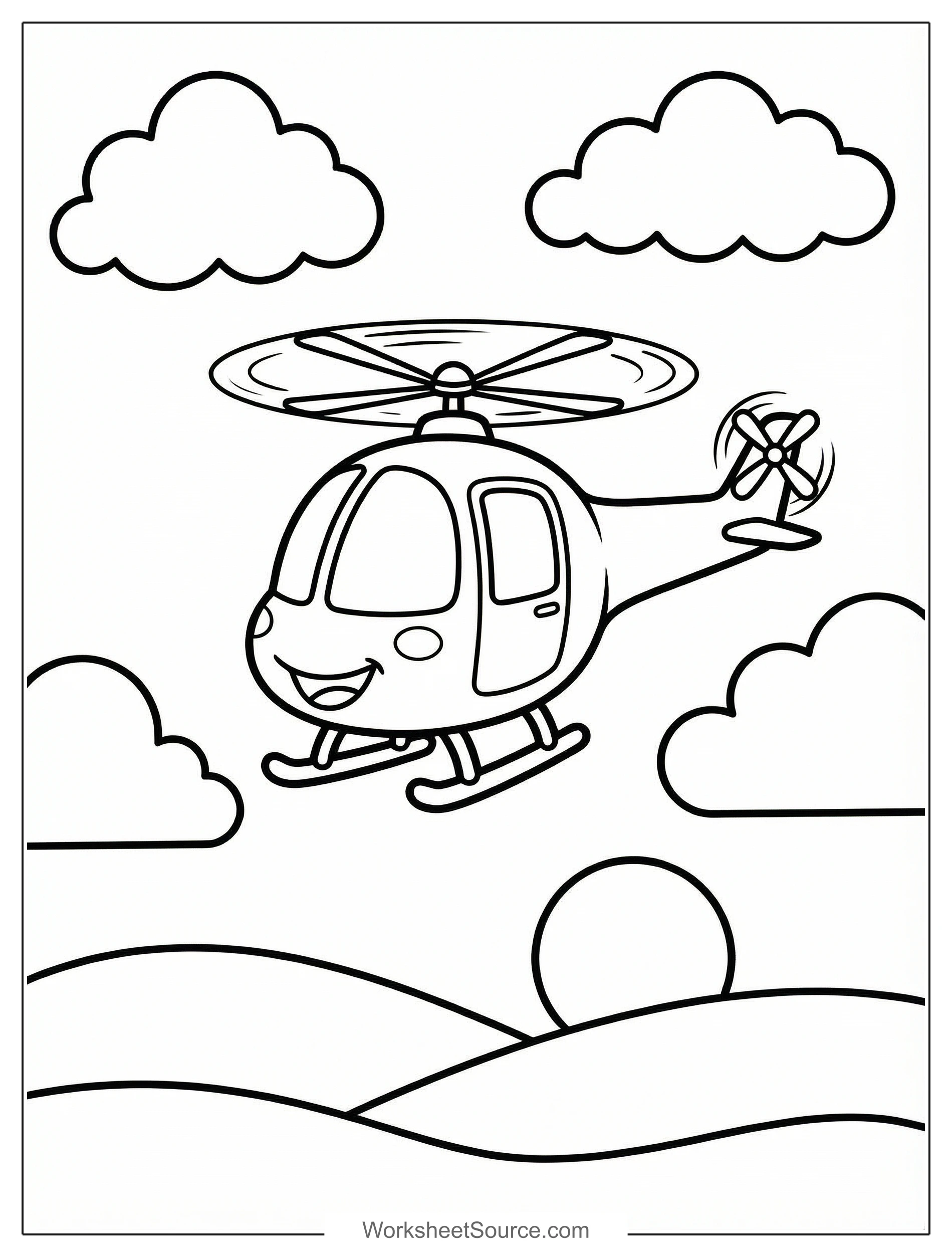 Free printable coloring page showing a smiling helicopter in the sky, perfect for kids to practice color recognition and fine motor skills