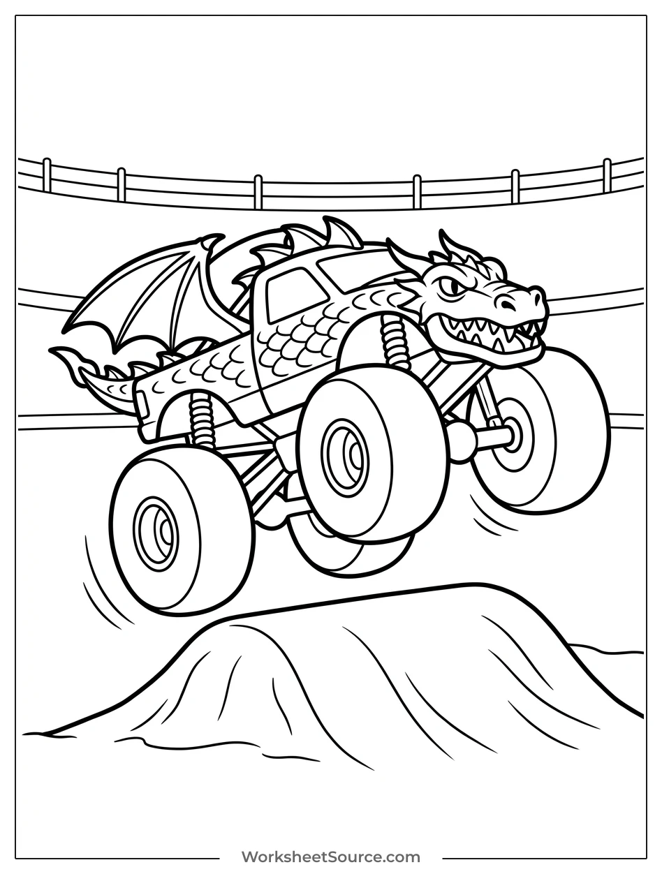 Dragon themed monster truck with large wheels soaring through the air over an arena jump, ready for coloring.