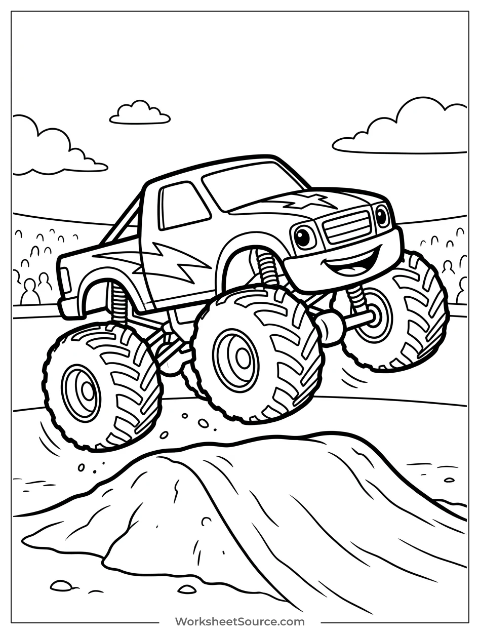 An exciting cartoon illustration of a powerful lightning monster truck mid air, soaring over a ramp during a large arena jump event.