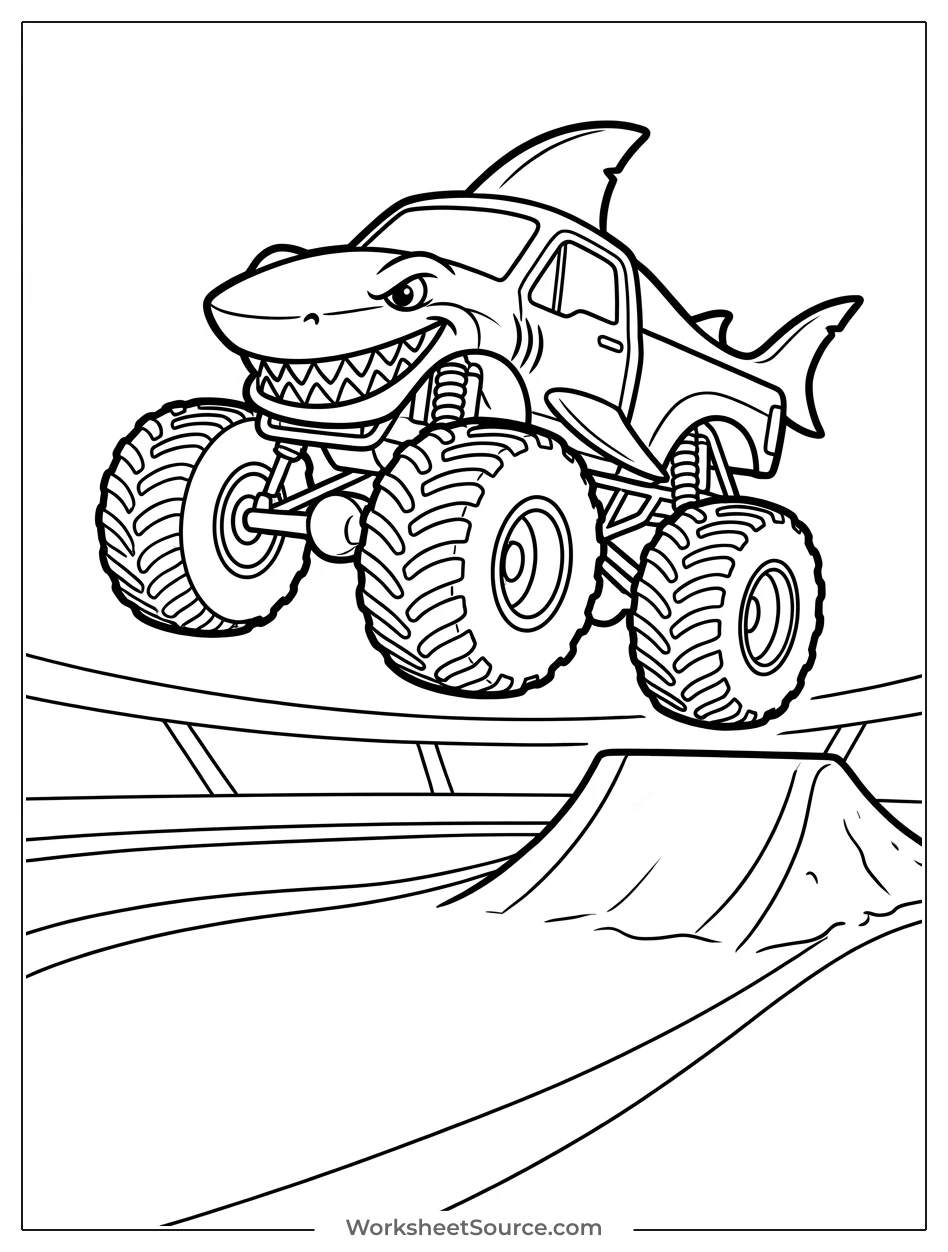 A shark-themed monster truck, with a large open-mouthed shark face painted on its front, is captured mid-air performing a massive jump over an arena obstacle.