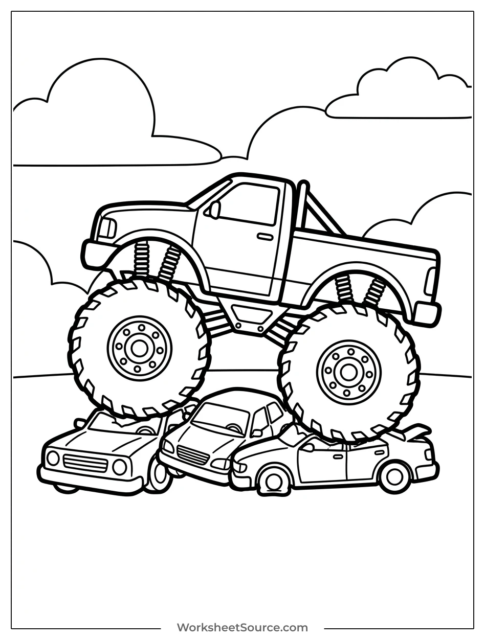 Detailed side view of a large monster truck with massive tires crushing two smaller cars beneath it, showing dynamic action.