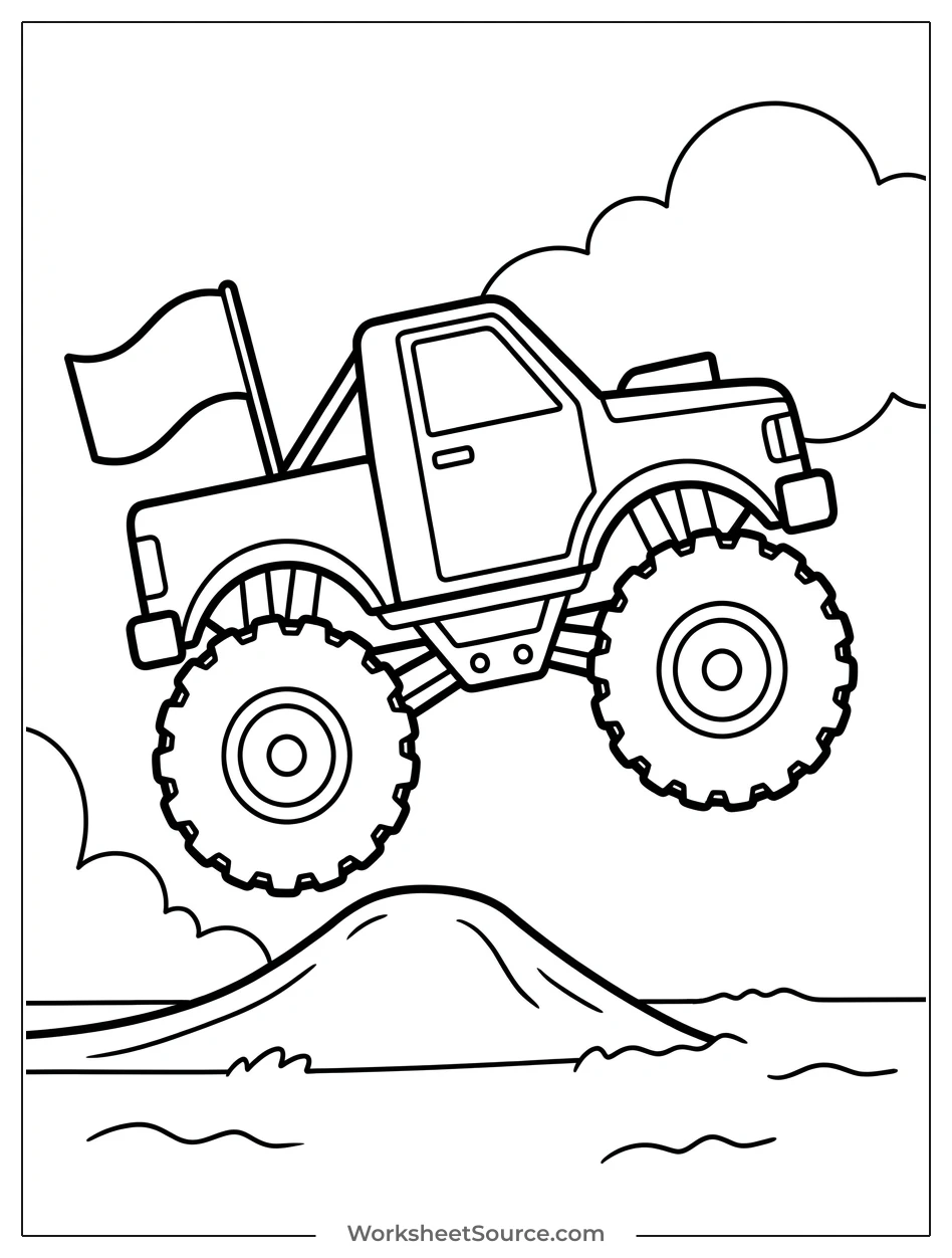 A powerful monster truck captured mid-air during an exciting jump, viewed from a full side perspective against a simple background.