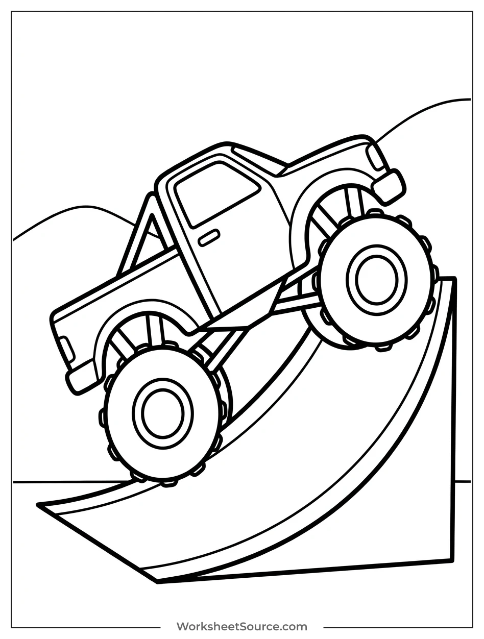 Side view of a monster truck with huge wheels on top of an inclined ramp, ready for action.