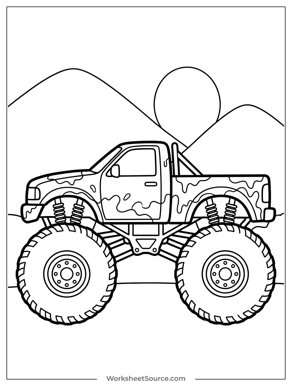 A robust monster truck covered in mud, captured from a full side profile, ready for children to color and decorate.