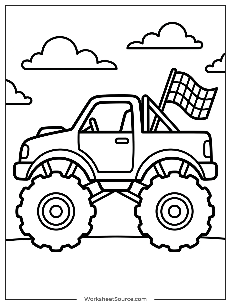 A powerful racing monster truck viewed directly from the side, featuring large tires, a high chassis, and a dynamic body, ready for action.
