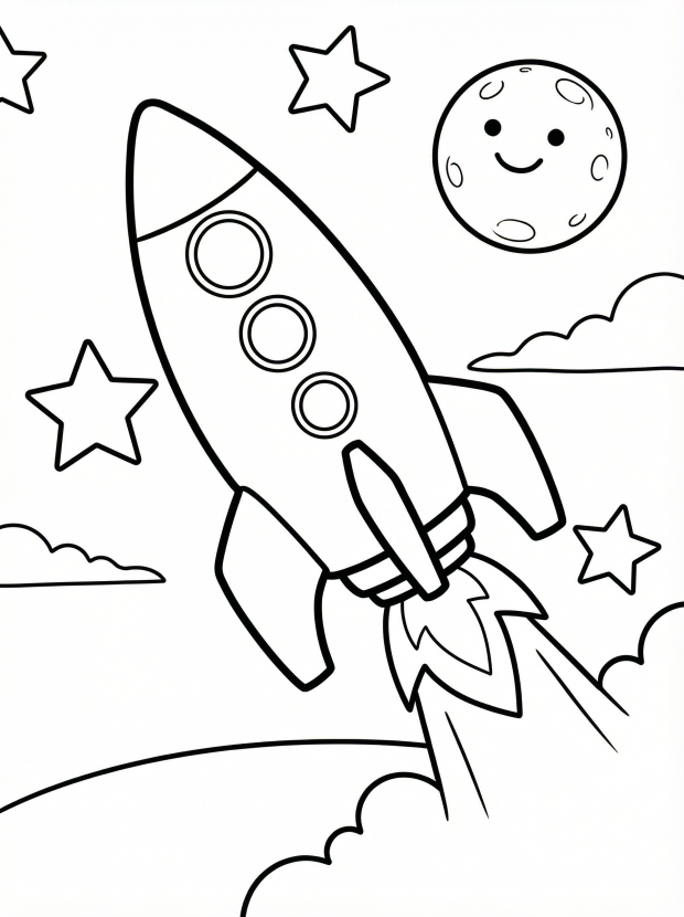 Free printable coloring page showing a rocket ship launching past stars and a smiling moon, perfect for kids to practice creativity and fine motor skills