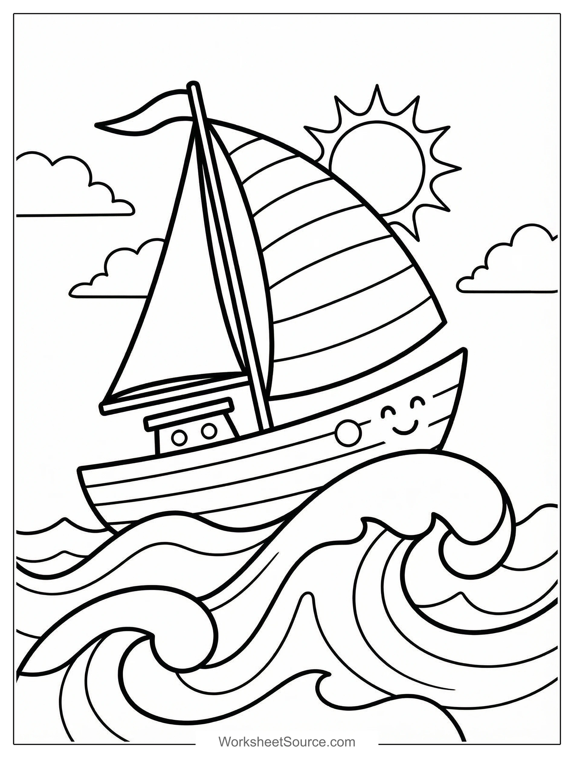 Free printable coloring page showing a sailboat on ocean waves, perfect for kids to practice coloring and develop creativity