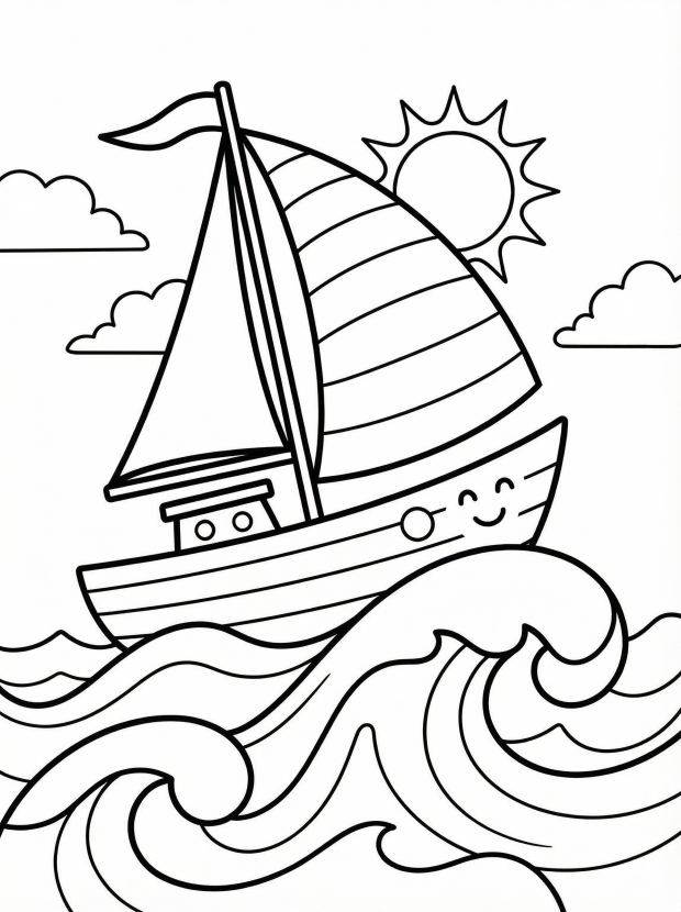Free printable coloring page showing a sailboat on ocean waves, perfect for kids to practice coloring and develop creativity