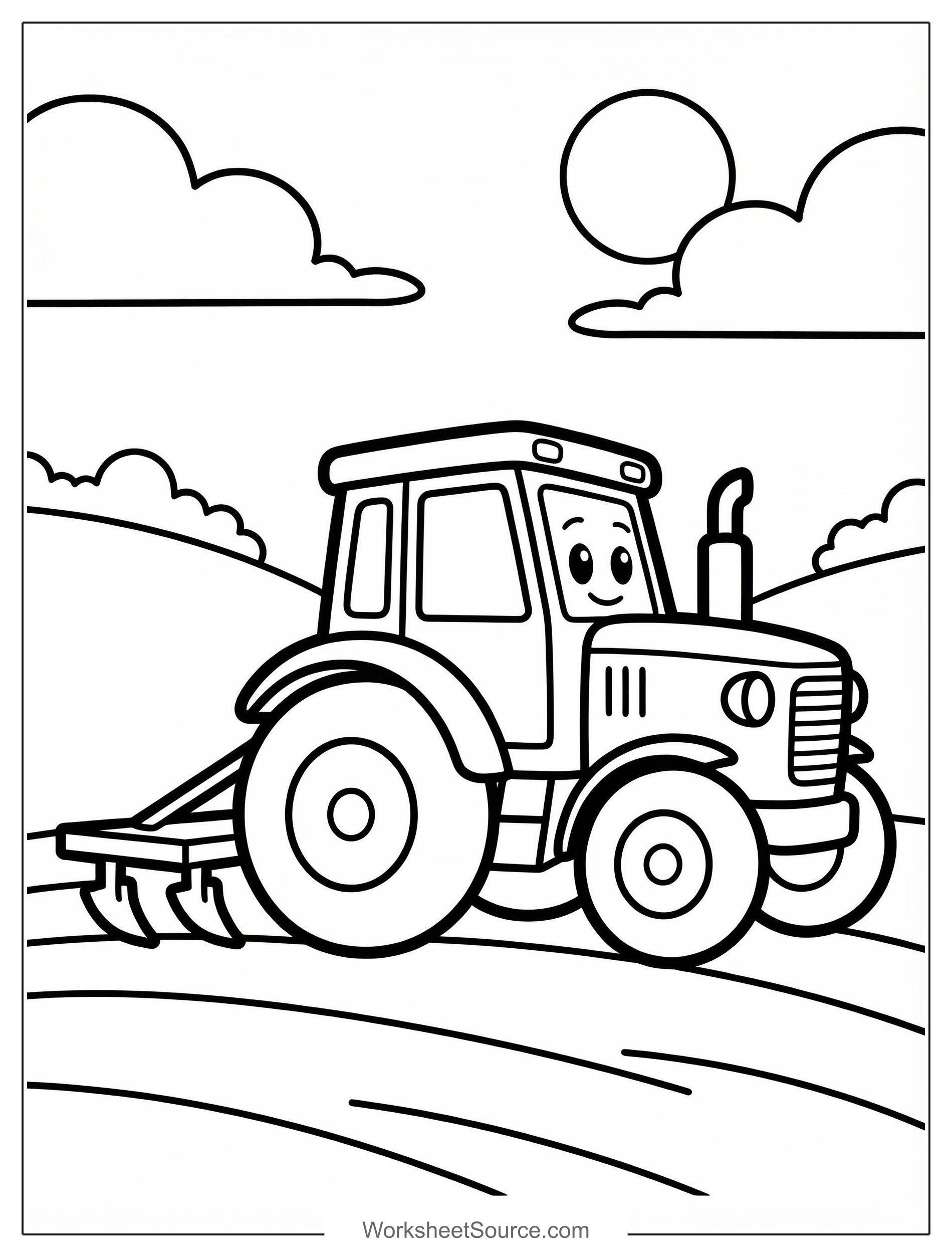 Free printable coloring page showing a friendly tractor working on a farm, perfect for kids to practice coloring and learn about farm machines