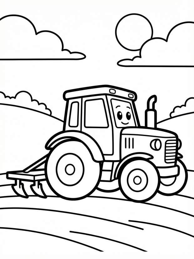 Free printable coloring page showing a friendly tractor working on a farm, perfect for kids to practice coloring and learn about farm machines