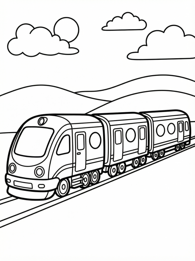 Free printable coloring page showing a passenger train on tracks with hills and clouds, perfect for kids to practice coloring and learn about trains