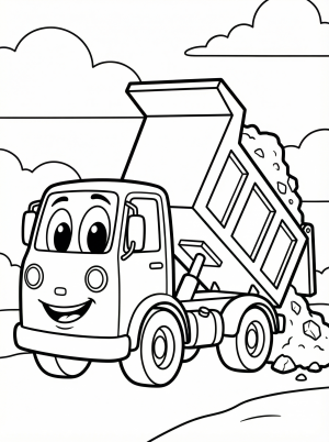Free printable coloring page showing a dump truck unloading rocks, perfect for kids to practice color recognition and fine motor skills