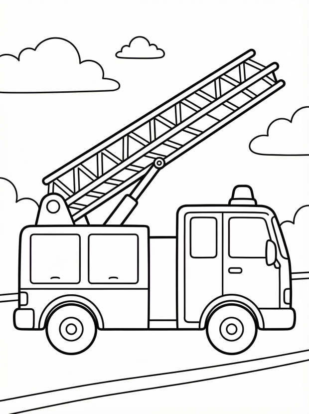 Free printable coloring page showing a fire truck with ladder, perfect for kids to practice coloring and learn about emergency vehicles
