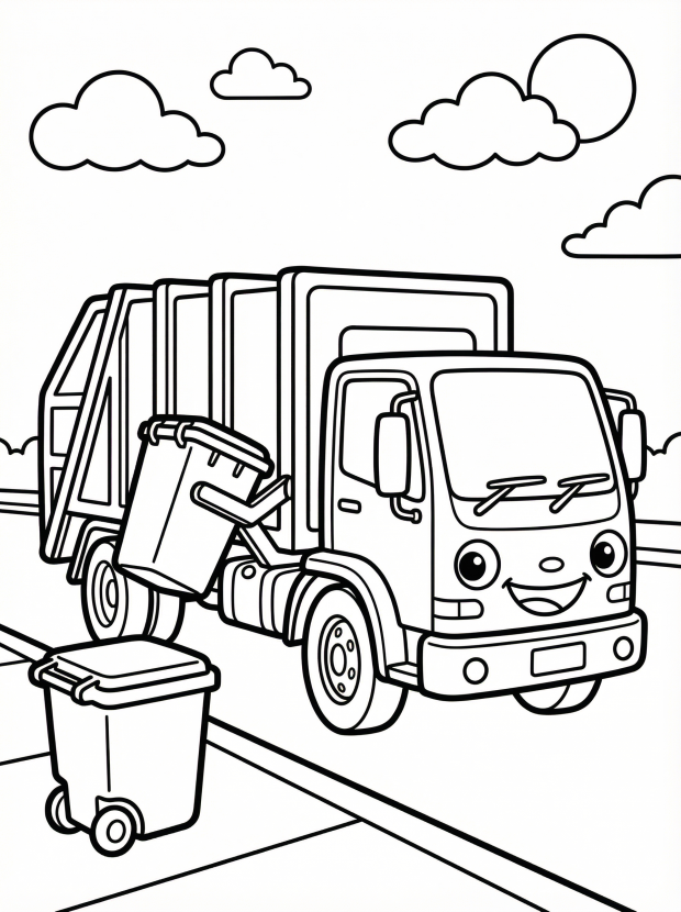 Free printable coloring page showing a smiling garbage truck collecting bins, perfect for kids to practice fine motor skills and learn about trucks