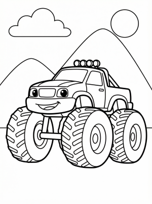 Free printable coloring page showing a smiling monster truck with big wheels, perfect for kids to build fine motor skills and creativity